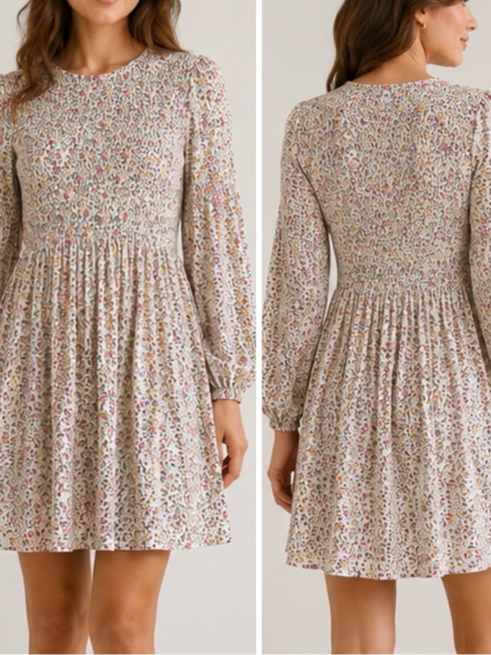 Ganni Floral-Print Egret Georgette Cottagecore Smocked Long Sleeve Mini Dress